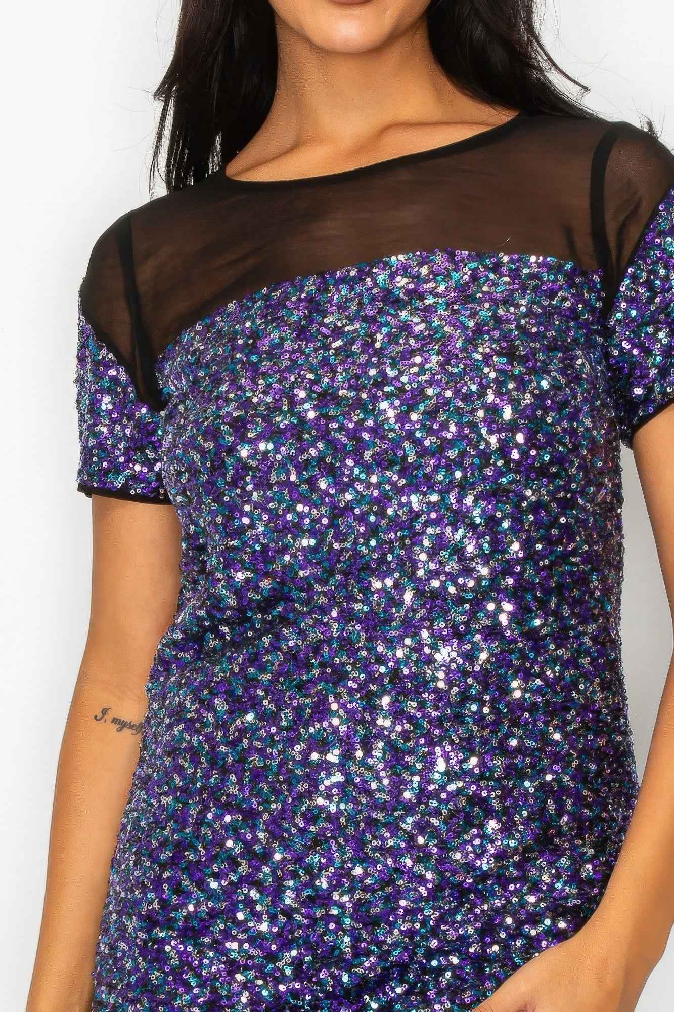 Sparkle Sequins & Mesh Cap Sleeve Mini Dress
