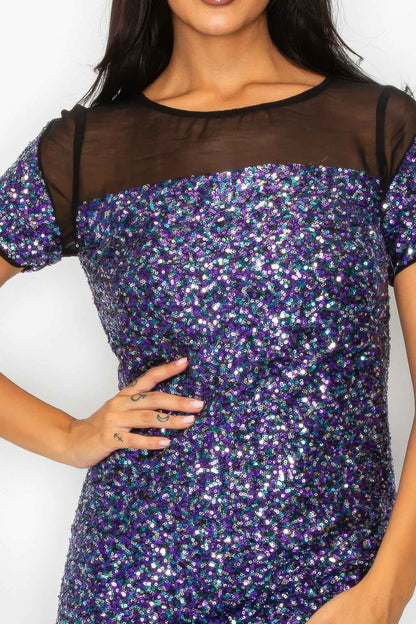 Sparkle Sequins & Mesh Cap Sleeve Mini Dress
