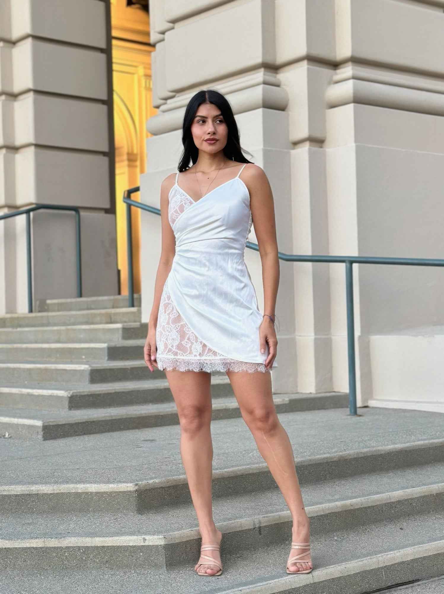 Sexy Party Satin Wrap Like & Lace Nude Mini Dress