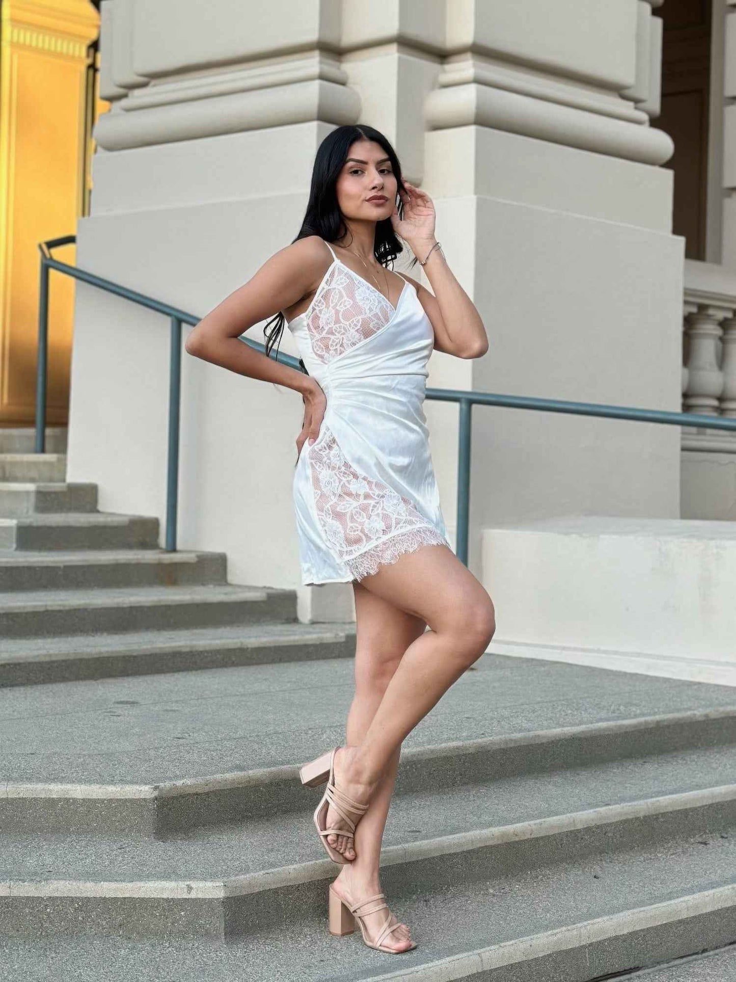Sexy Party Satin Wrap Like & Lace Nude Mini Dress
