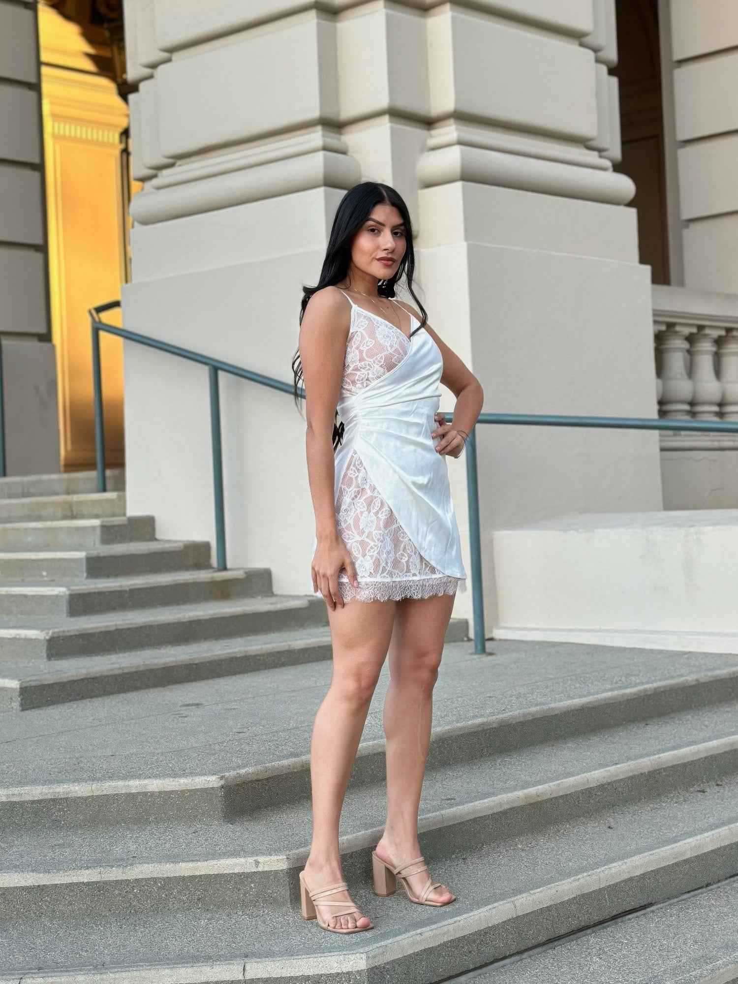 Sexy Party Satin Wrap Like & Lace Nude Mini Dress