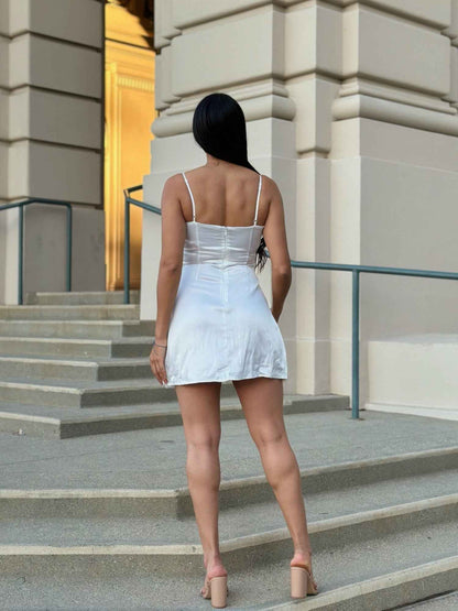 Sexy Party Satin Wrap Like & Lace Nude Mini Dress