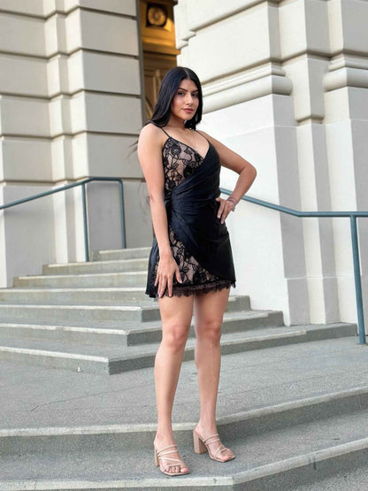 Sexy Party Satin Wrap Like & Lace Nude Mini Dress