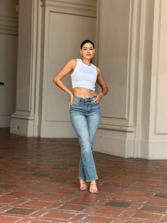 High Rise Cigarette Button Fly Straight Denim Jean