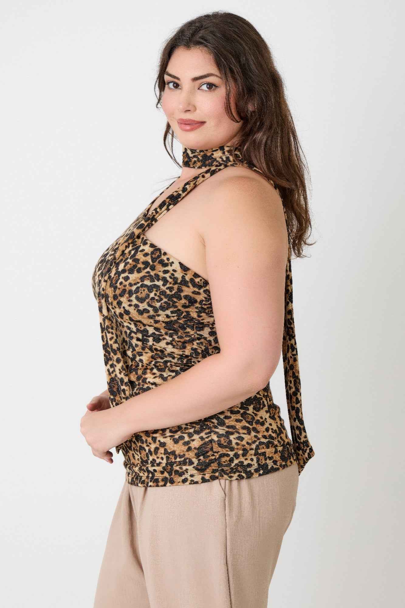 Leopard Print Halter Top With Neck Tie Detail