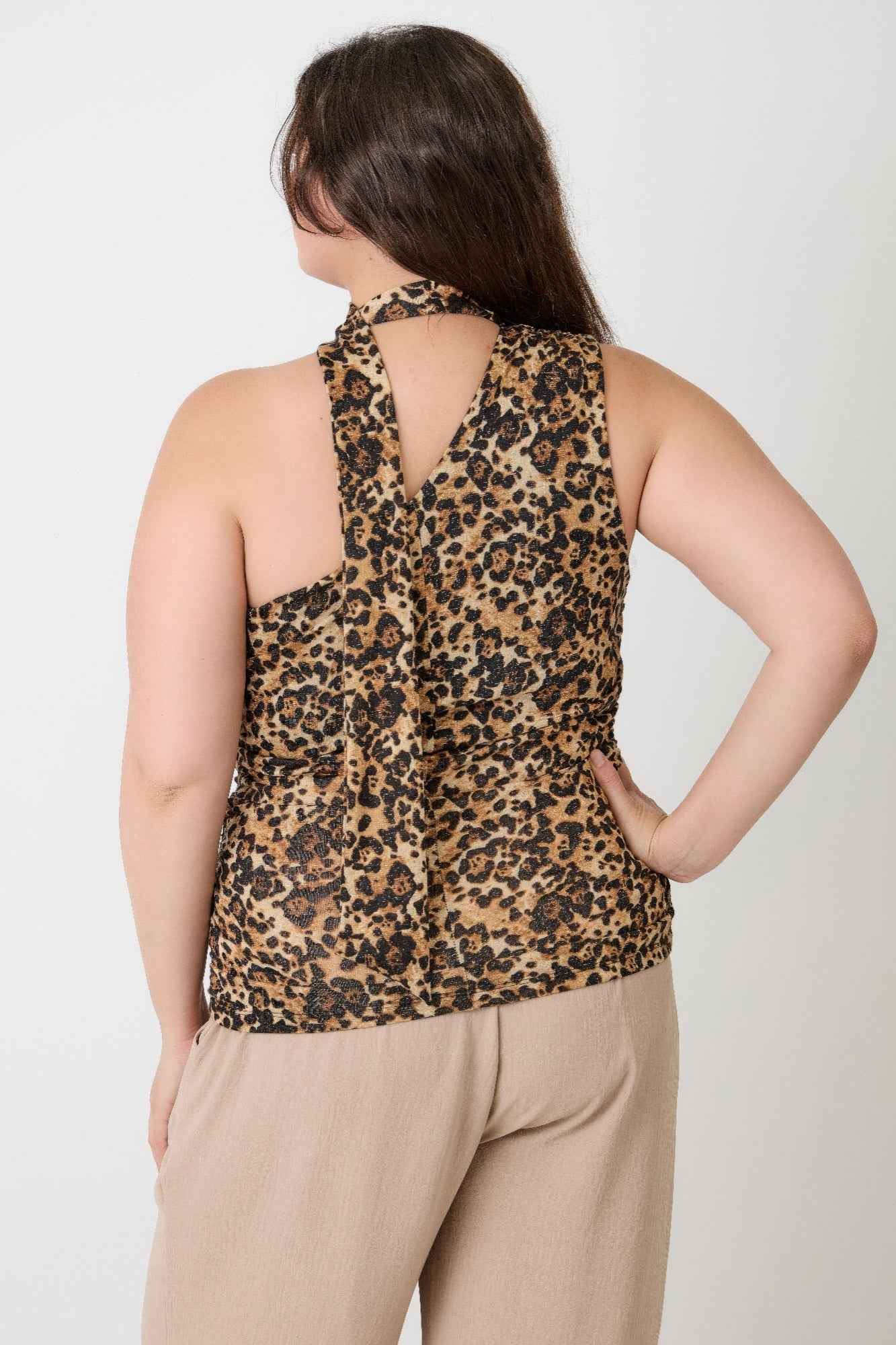 Leopard Print Halter Top With Neck Tie Detail