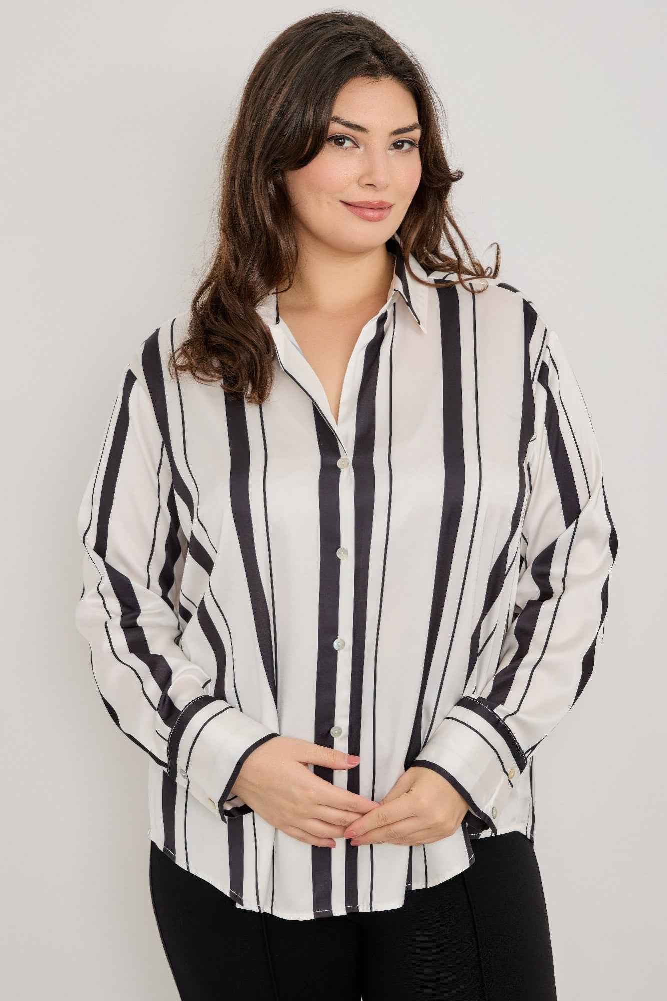 Plus Size Vertical Stripe Button Down Blouse