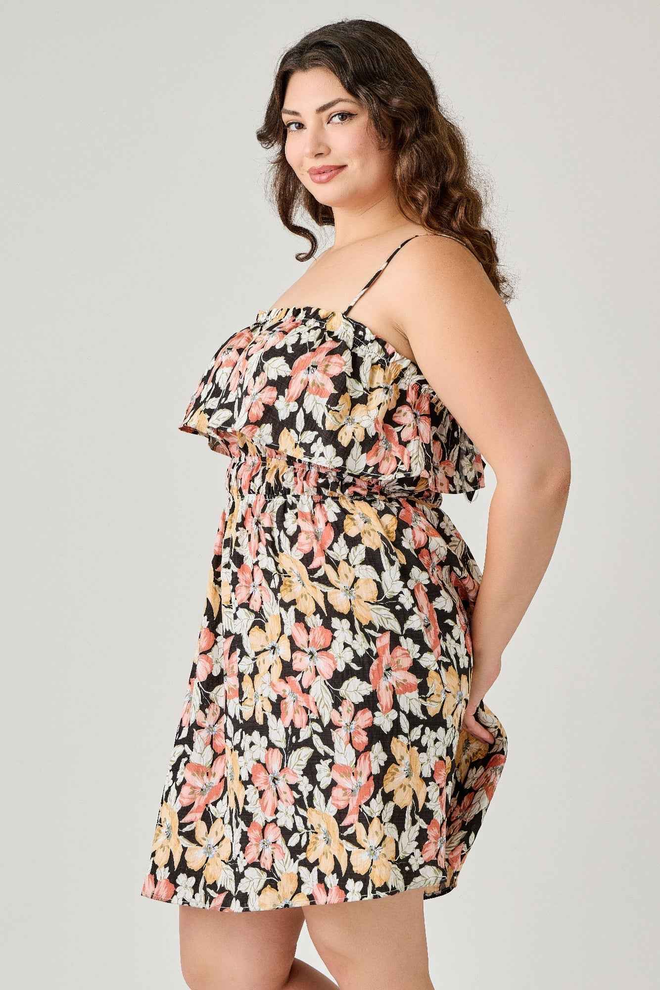 Plus Size Rayon Challis Floral Ruffled Tier Dress