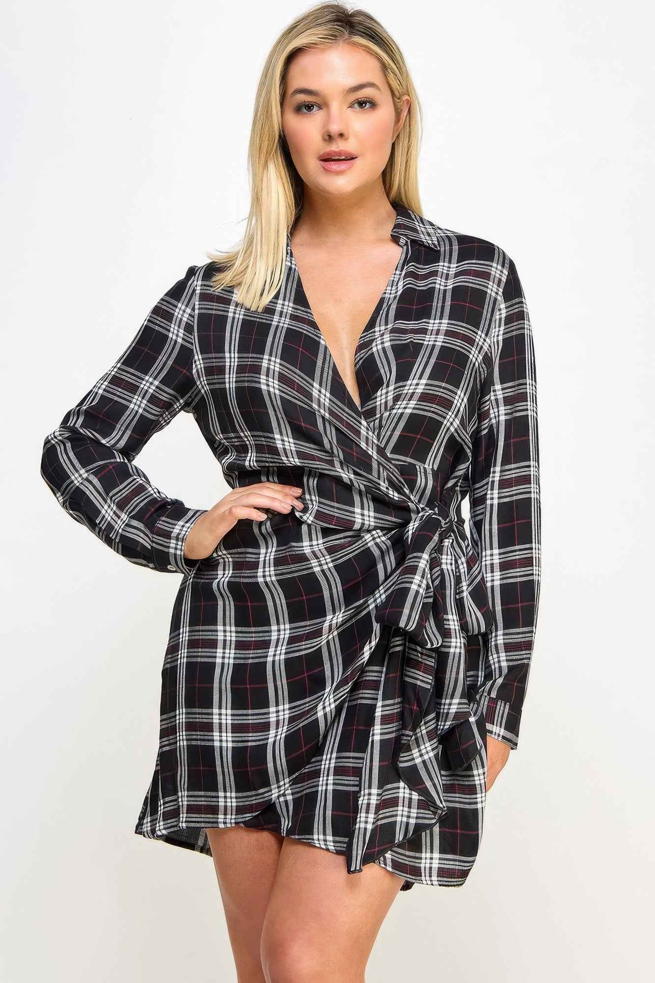 Plus Size Long Sleeve Plaid Side Tie Dress