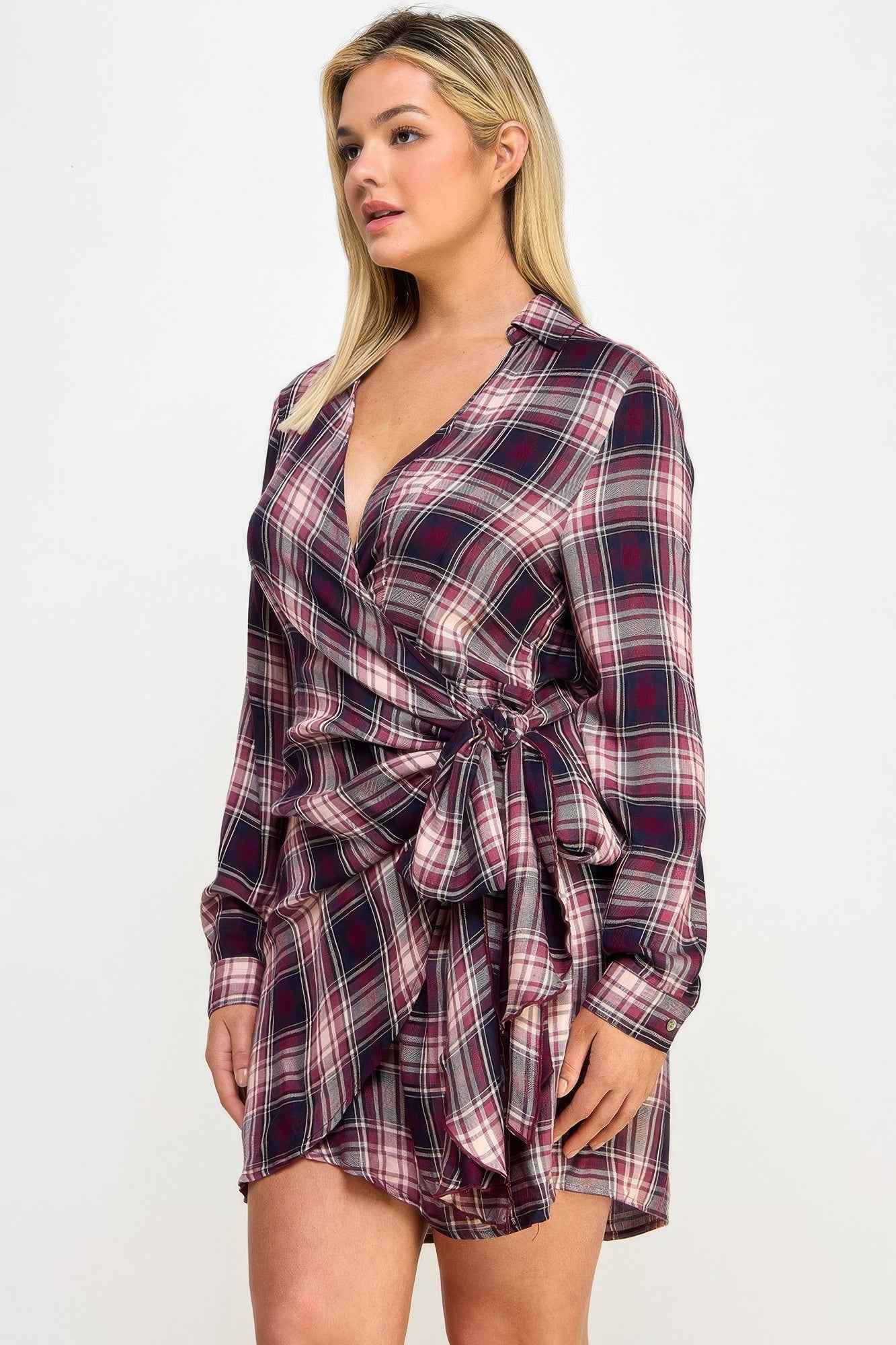Plus Size Long Sleeve Plaid Side Tie Dress