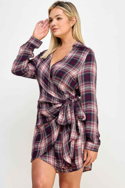 Plus Size Long Sleeve Plaid Side Tie Dress