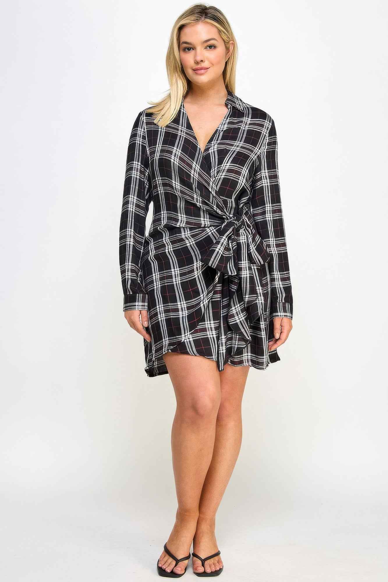 Plus Size Long Sleeve Plaid Side Tie Dress