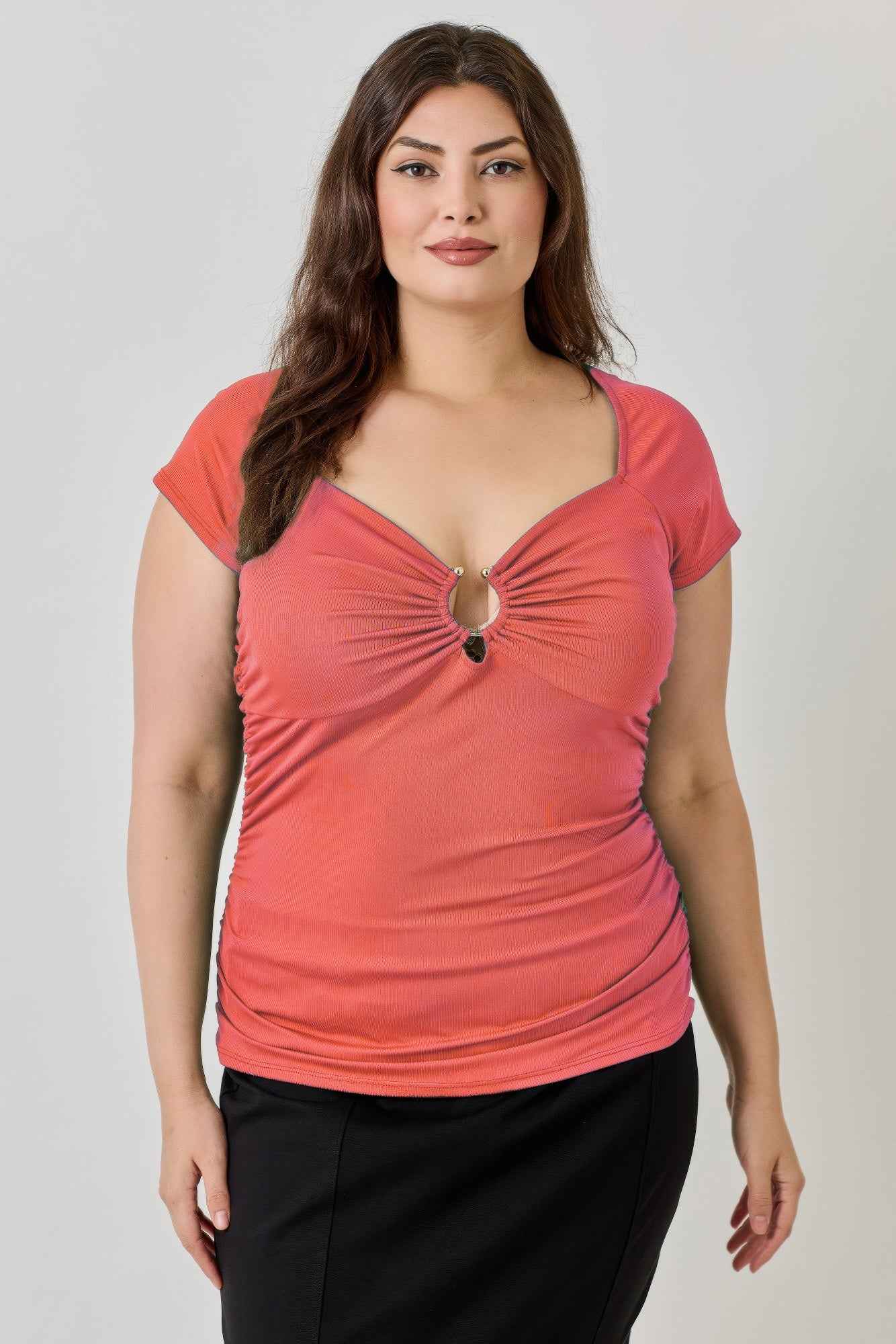 Plus Size Knit Rib Open Circle Trim Top