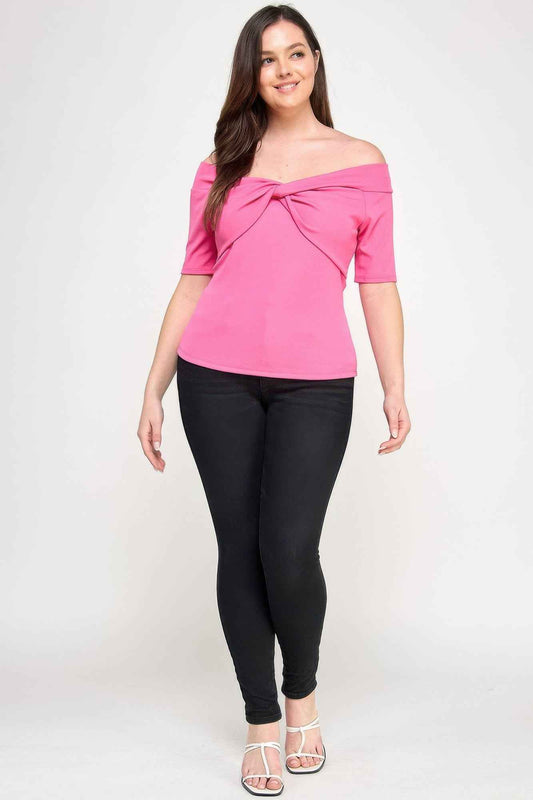 Plus Size Off The Shoulder Knit Rib Twist Knot Top