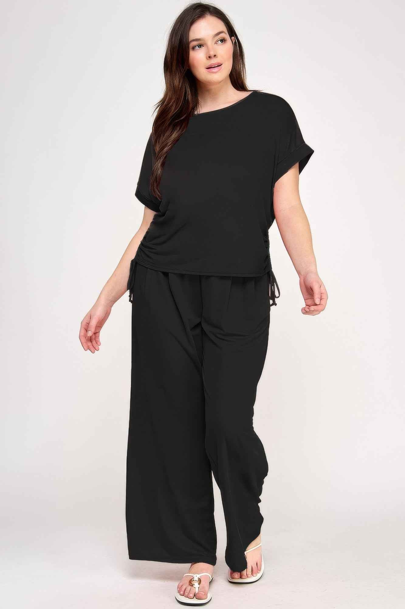 Plus Size Knit Linen Pleated Wide Leg Pants