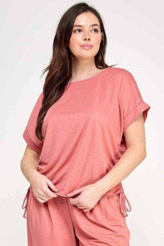 Plus Size Knit Linen Dolman Ruched Top
