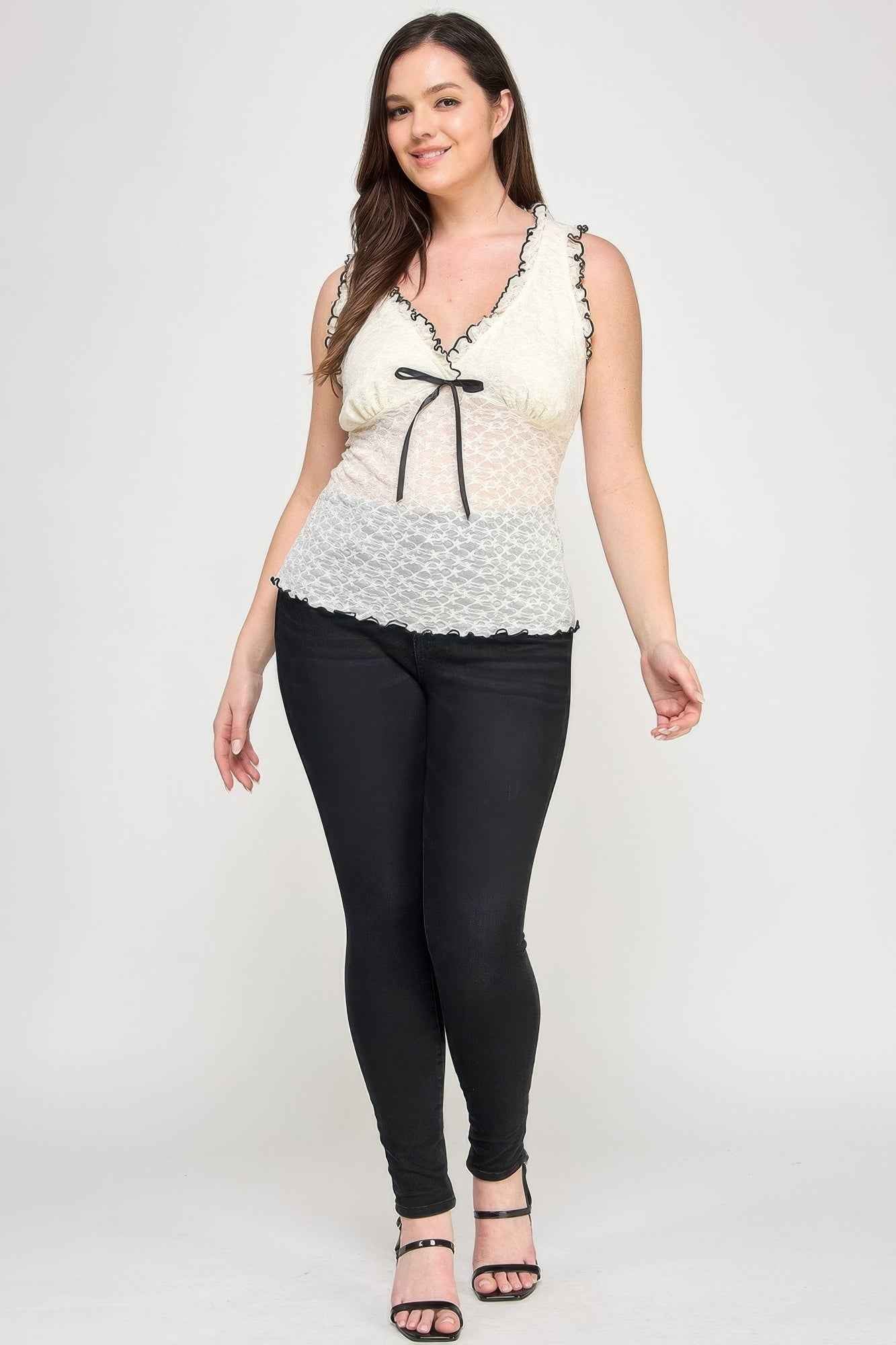 Plus Size Sleeveless Ruffle Lace Bow Tie Front Top