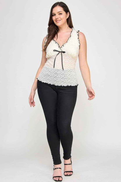 Plus Size Sleeveless Ruffle Lace Bow Tie Front Top