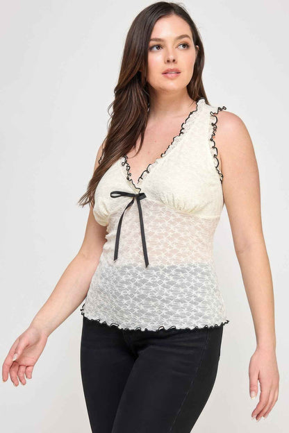 Plus Size Sleeveless Ruffle Lace Bow Tie Front Top