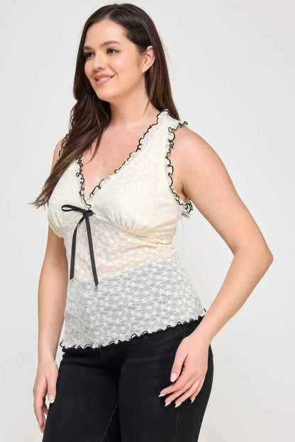 Plus Size Sleeveless Ruffle Lace Bow Tie Front Top