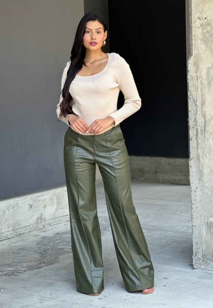 Front Pleated Faux Leather Wide Leg Pants