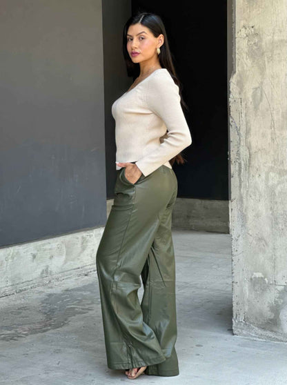 Front Pleated Faux Leather Wide Leg Pants