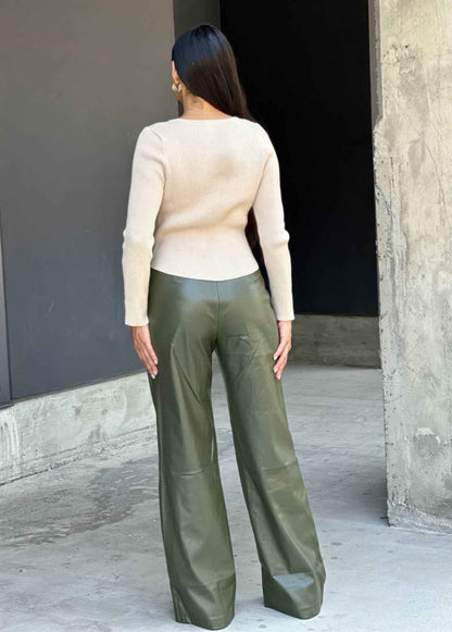 Front Pleated Faux Leather Wide Leg Pants