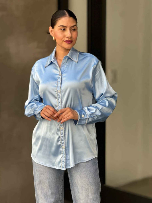 Rhinestone Diamond Lined Button Down Satin Blouse