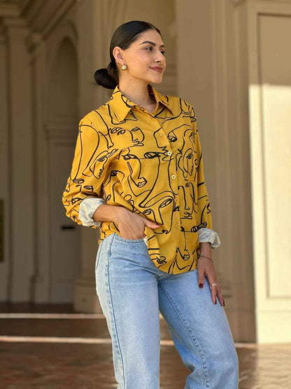 Face Print Long Sleeve Button Down Blouse