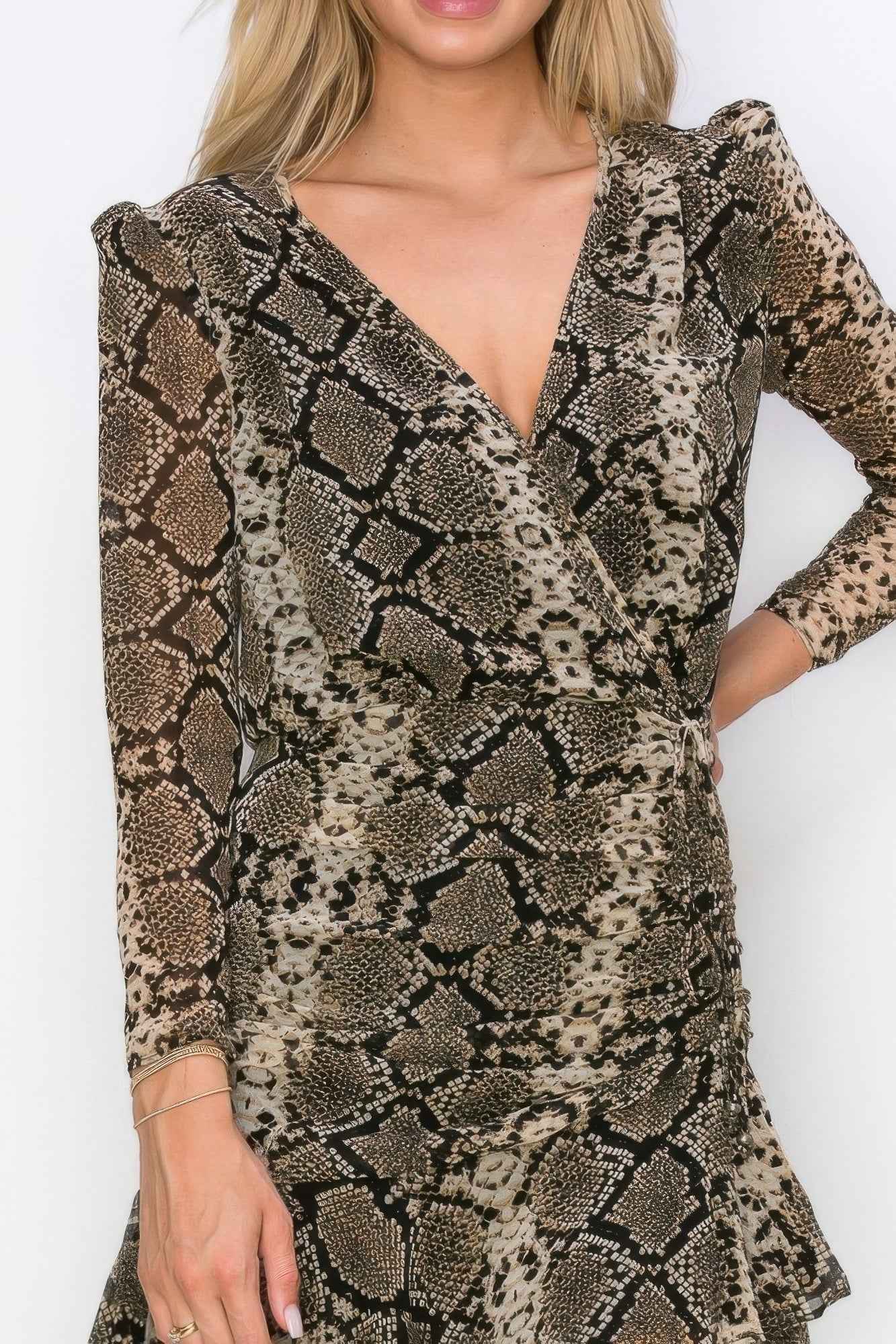 Woman Side Ruched Wrap Snake Print Mini Dress
