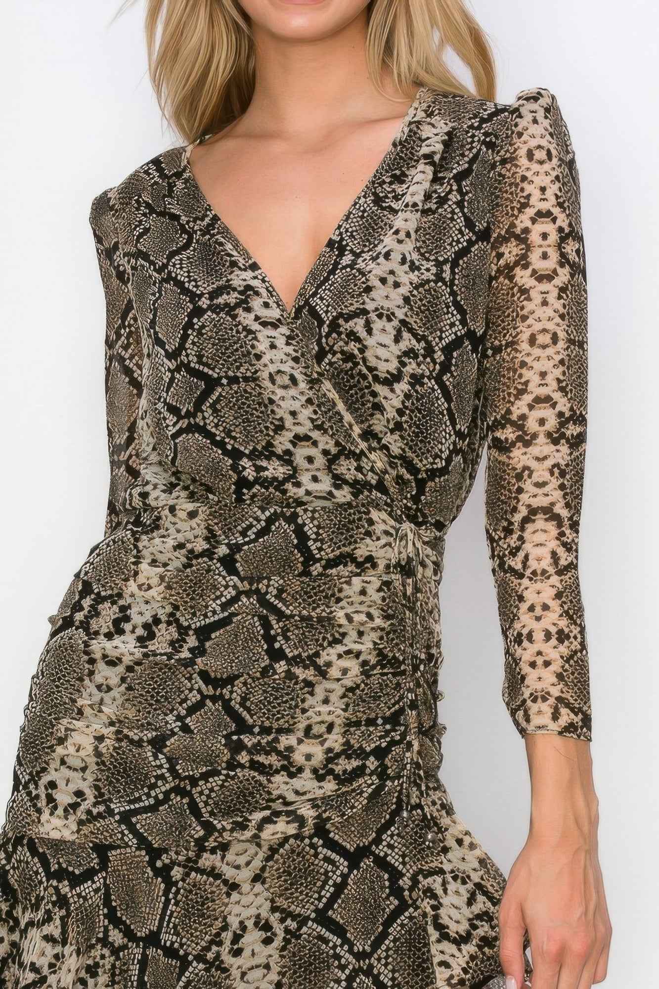 Woman Side Ruched Wrap Snake Print Mini Dress