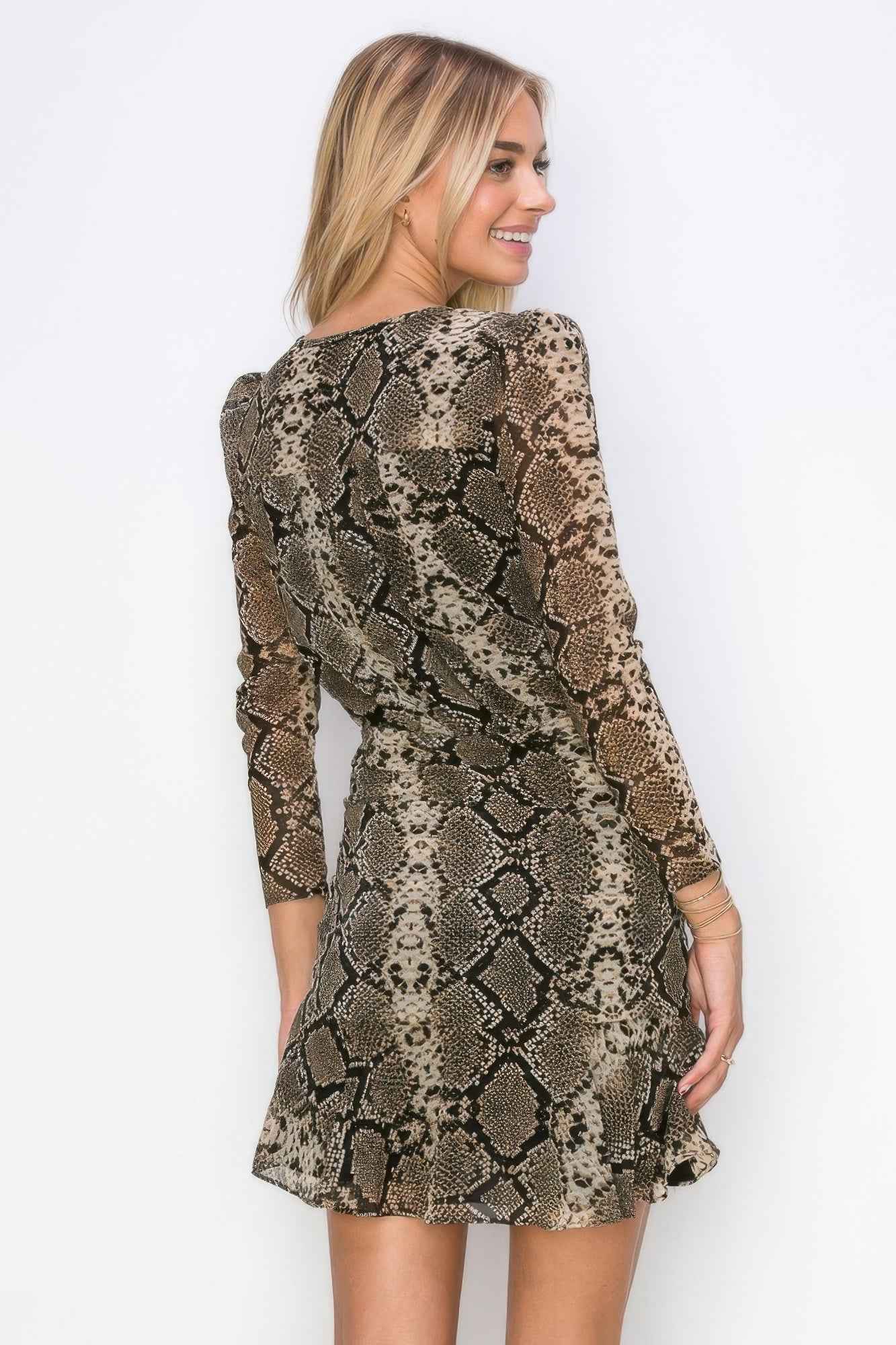Woman Side Ruched Wrap Snake Print Mini Dress