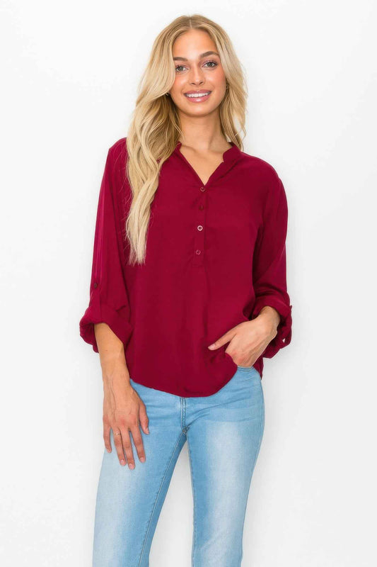 Button Detail Collar Woven Roll Up Sleeve Blouse