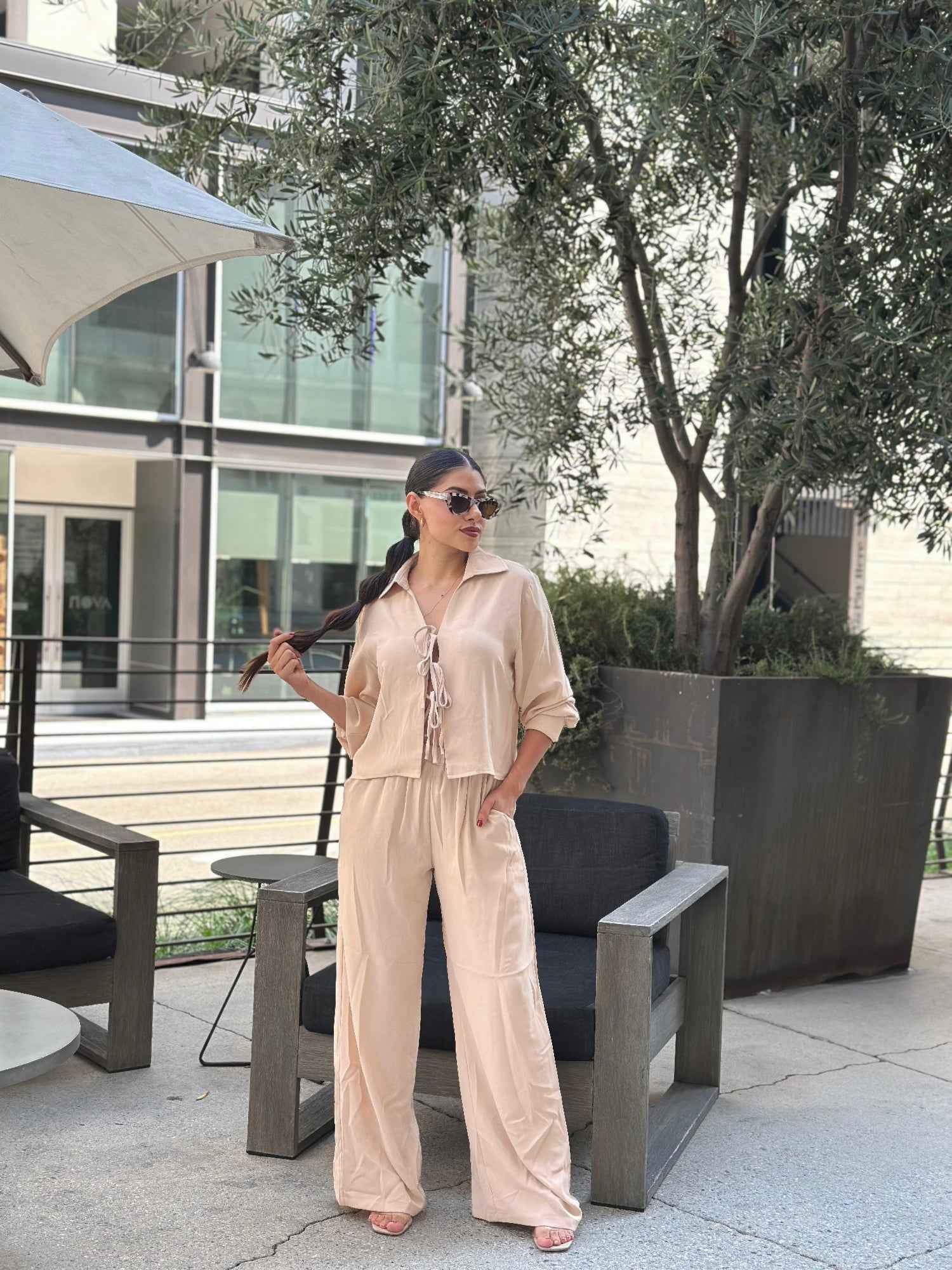 Casual Wide Leg Pants & Long Sleeve Front Tie Set
