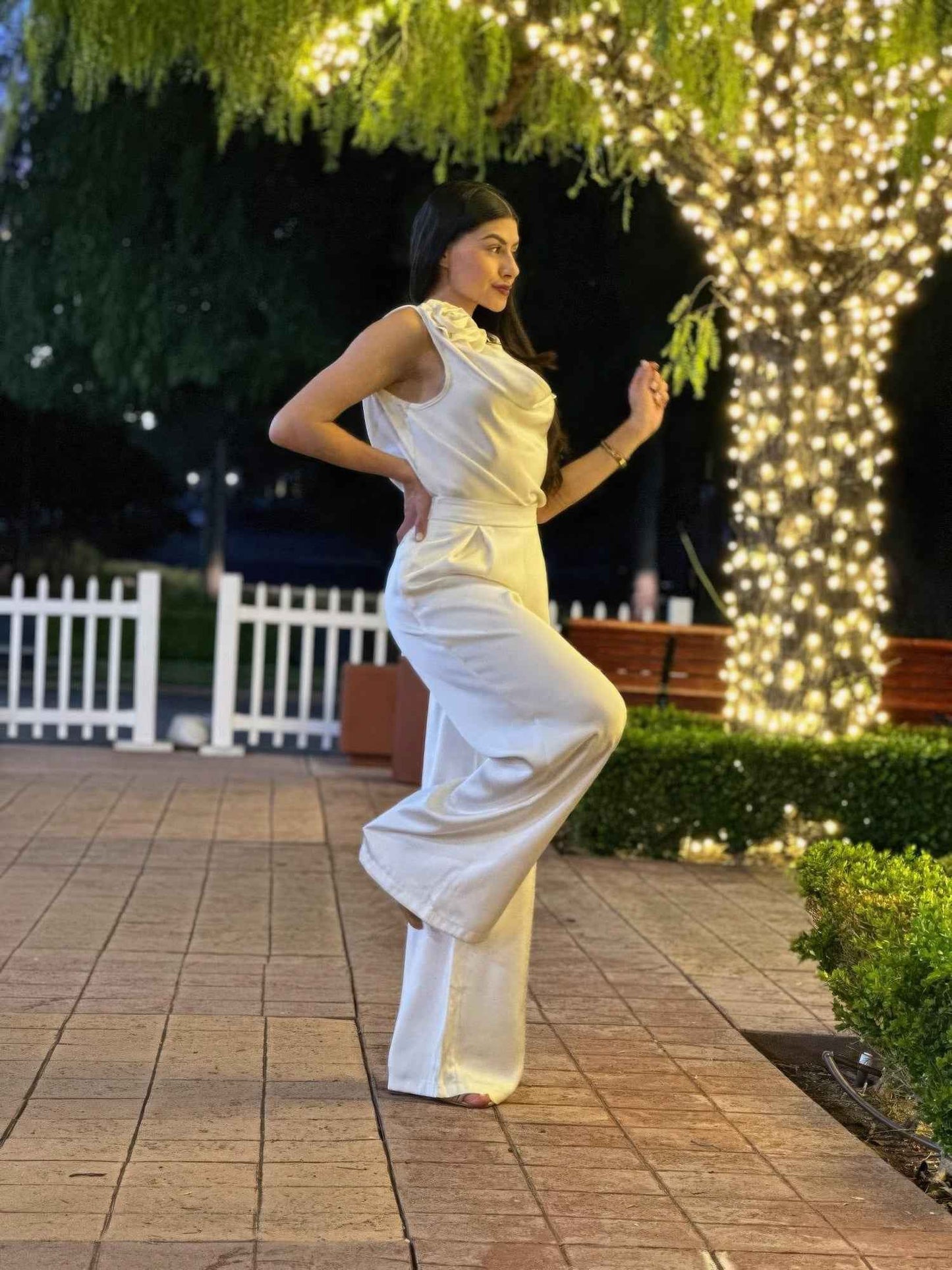 Satin Wide Leg Pants & Flower Sleeveless Top Set