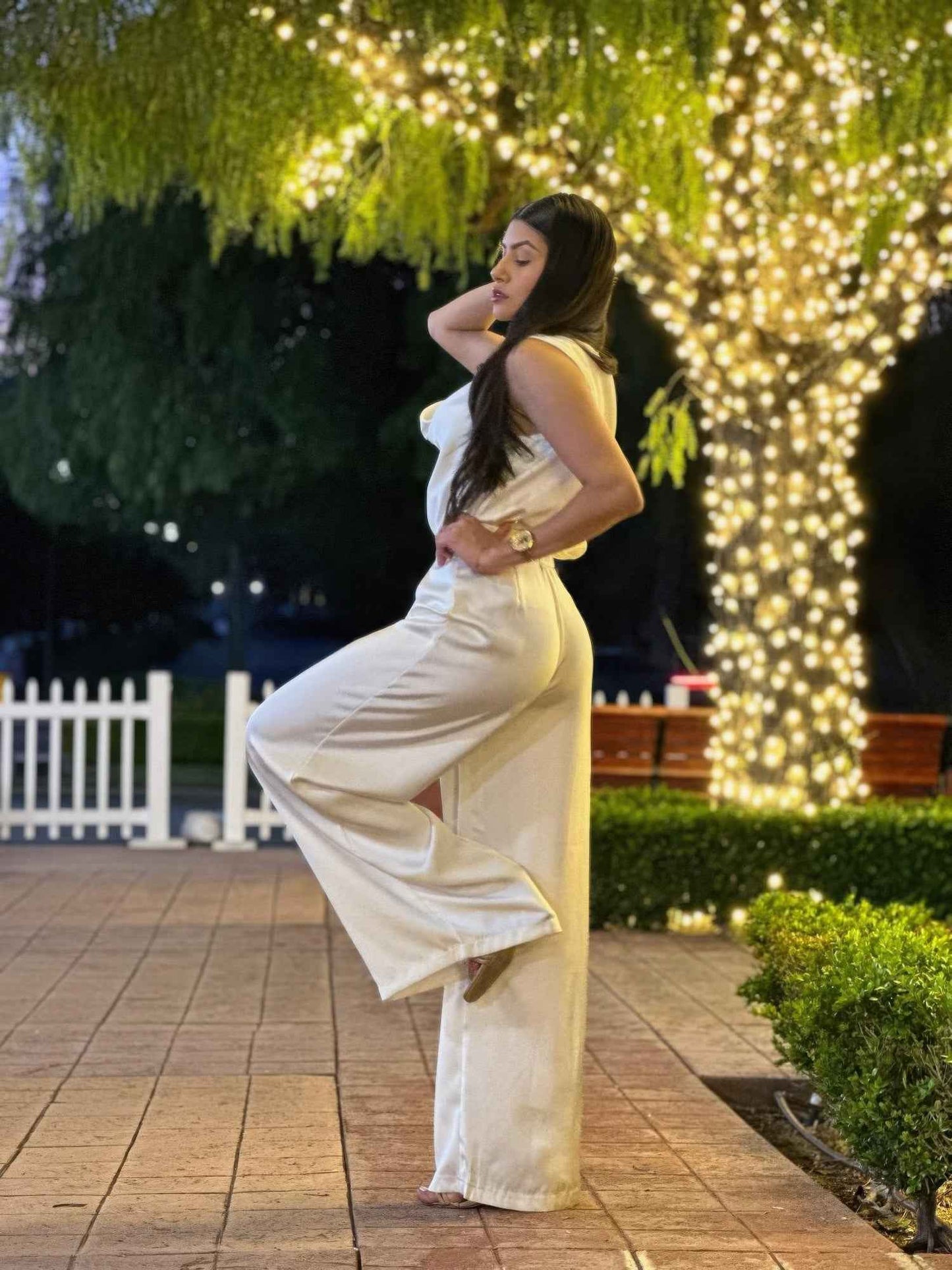 Satin Wide Leg Pants & Flower Sleeveless Top Set