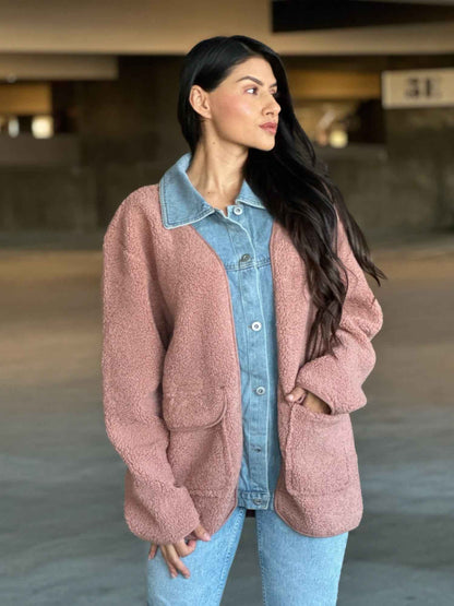 Teddy Fleece & Denim Jacket With Square Pockets