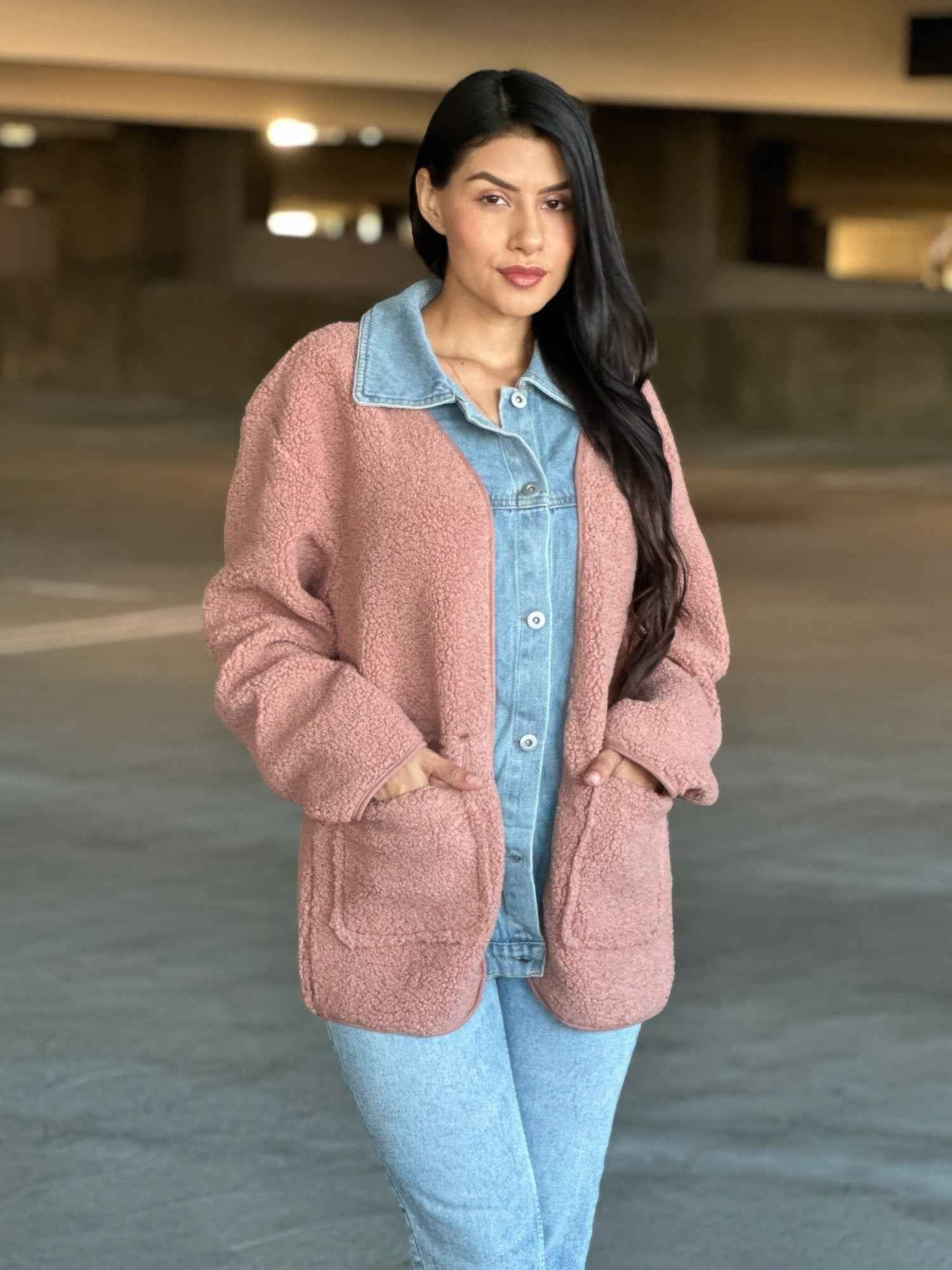 Teddy Fleece & Denim Jacket With Square Pockets