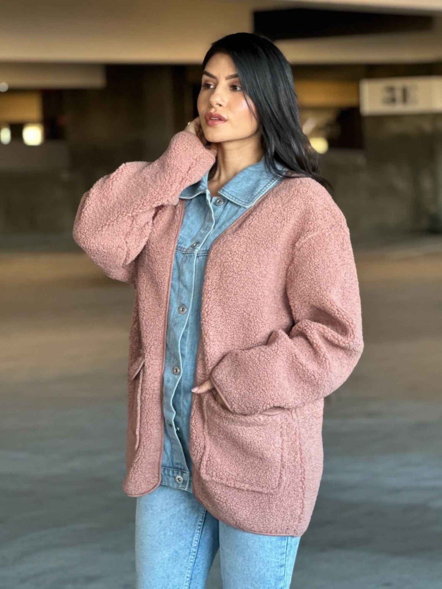 Teddy Fleece & Denim Jacket With Square Pockets