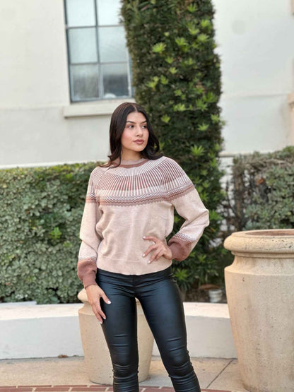 Neutral Color Block Knit Pull Out Sweater