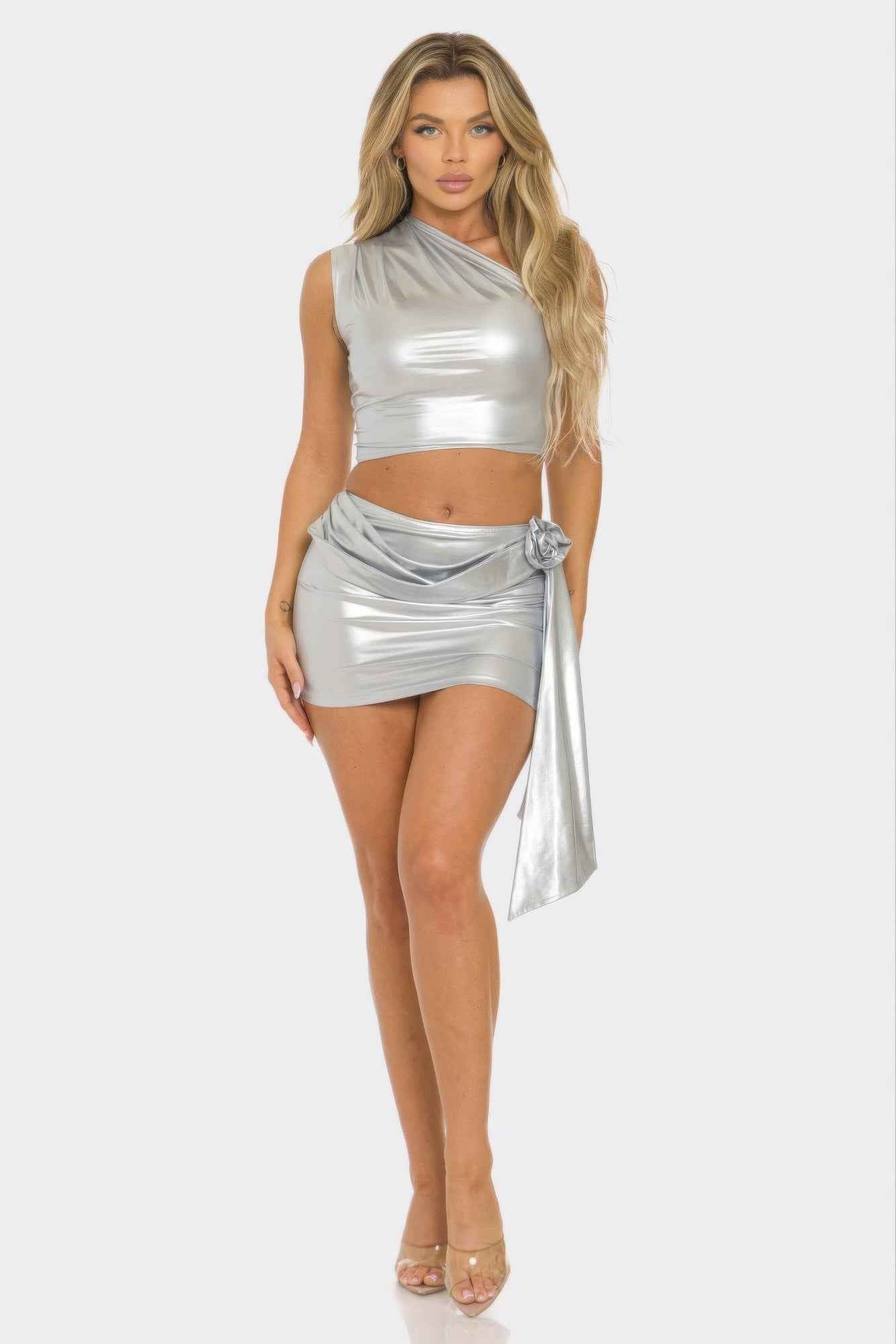 Metallic One Shoulder Crop Top Set