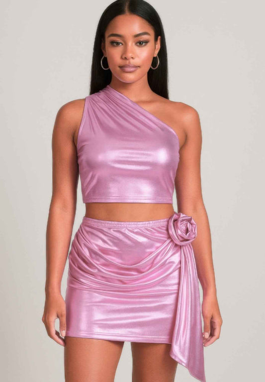 Metallic One Shoulder Crop Top Set
