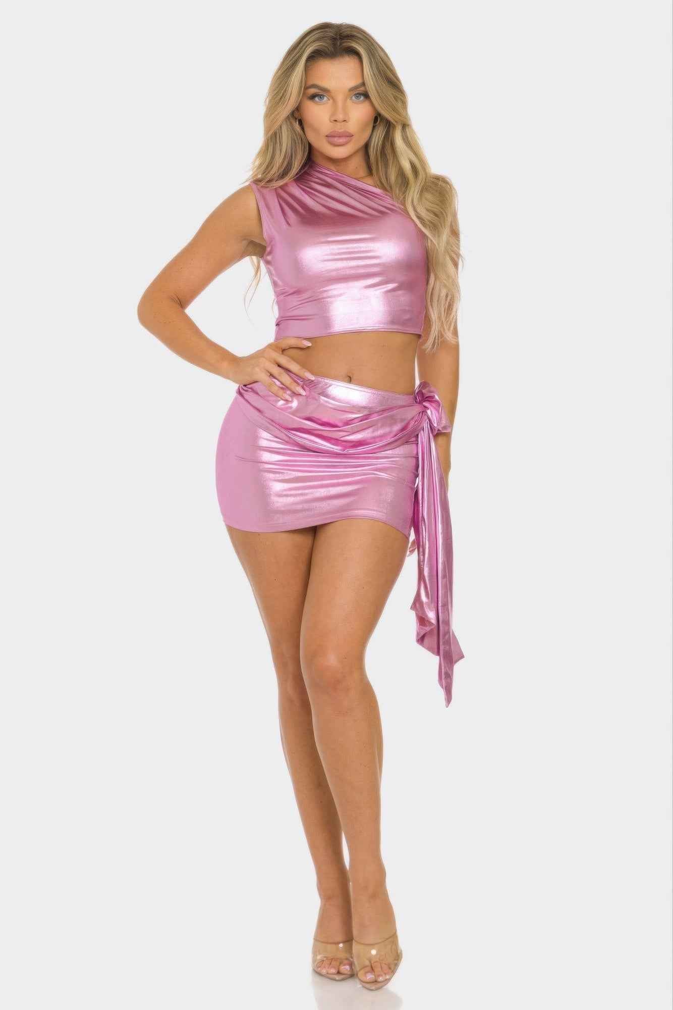 Metallic One Shoulder Crop Top Set