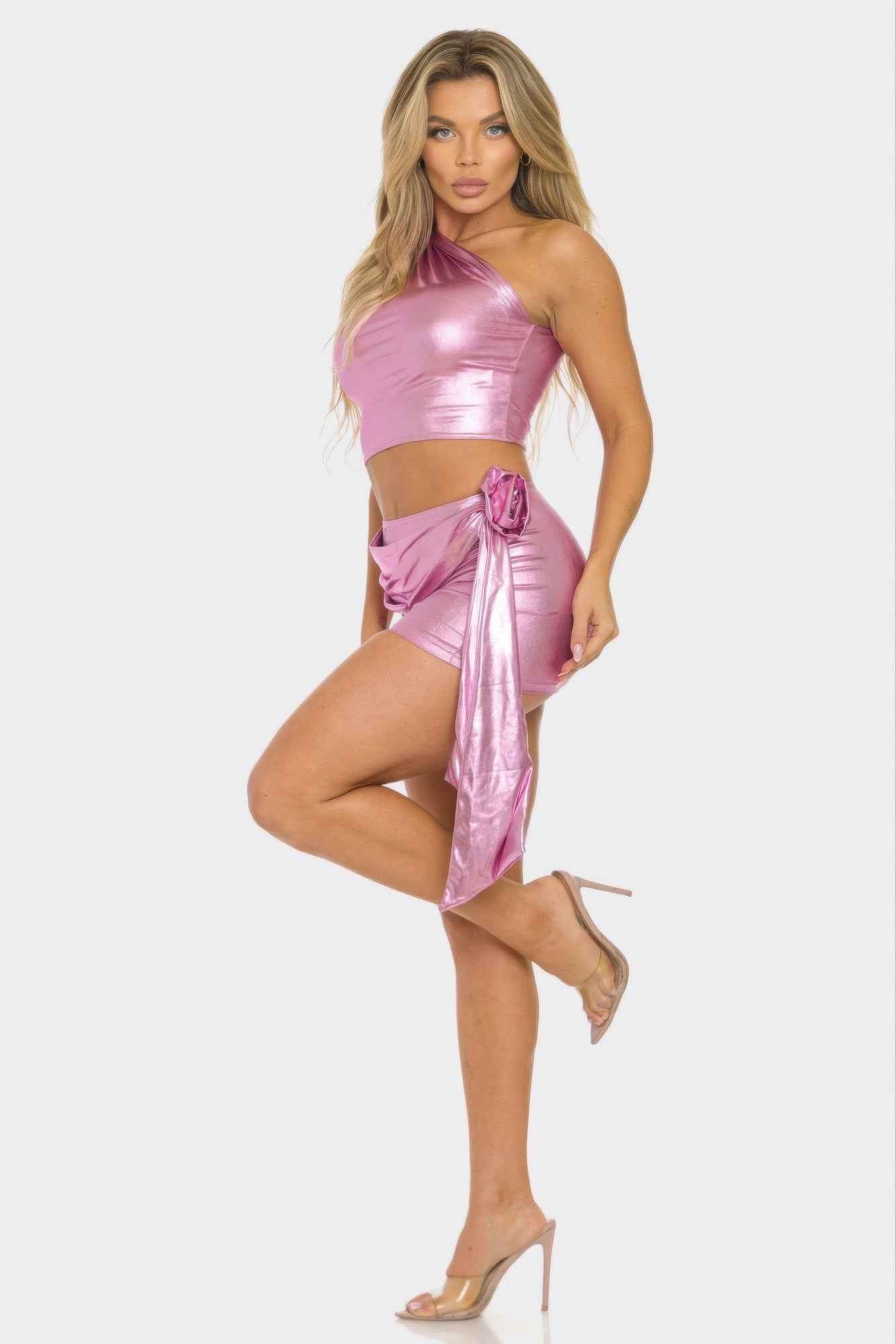 Metallic One Shoulder Crop Top Set