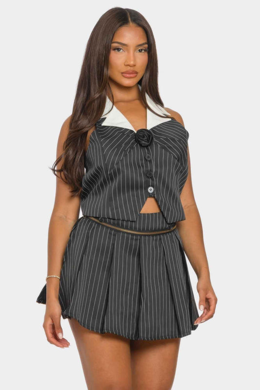 Collared Vest Pleated Skort Set