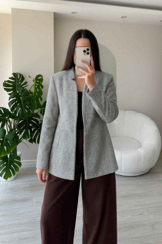 Pocketed Herringbone Coat Woman