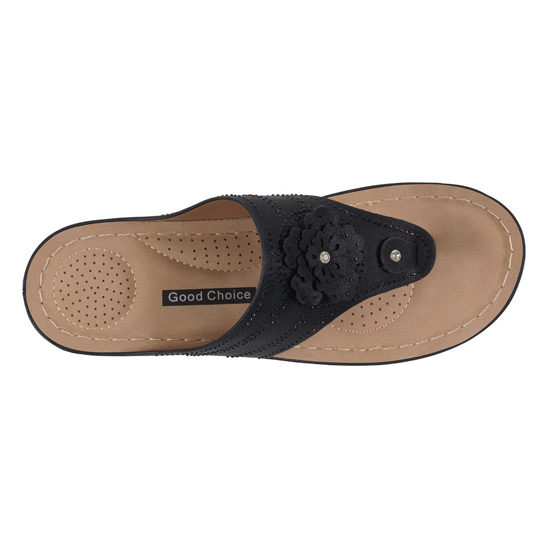 Women's Cora Black Embellished Floral Wedge Sandals