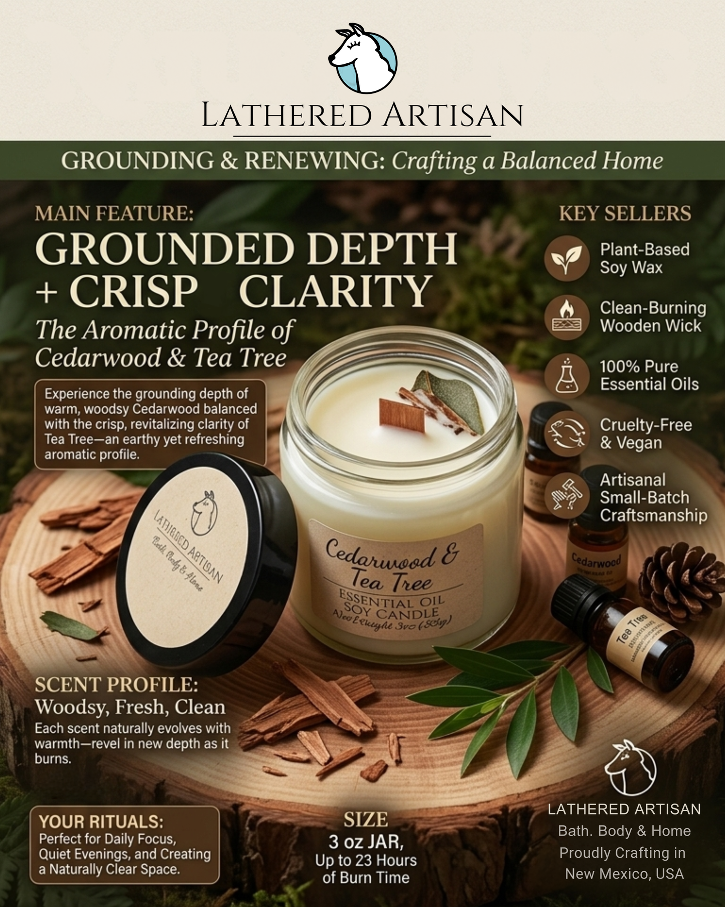 Cedarwood & Tea Tree | Essential Oil | 3 oz Jar Candle