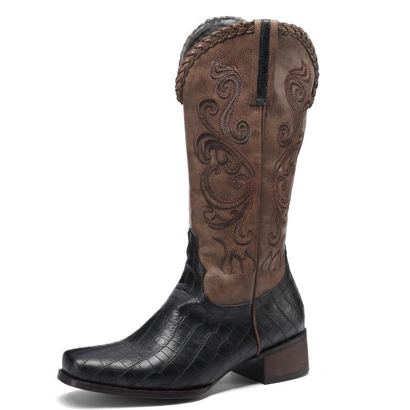 Rustic Western Braided Boots – Retro Cowboy Style with Snakeskin Detailing