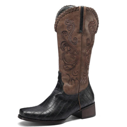 Rustic Western Braided Boots – Retro Cowboy Style with Snakeskin Detailing